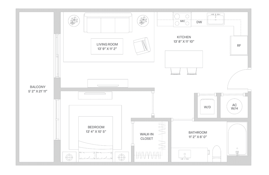 Floor plan map for a two bedroom apartment at our luxury rentals in Coconut Grove, featuring labeled rooms with dimensions.