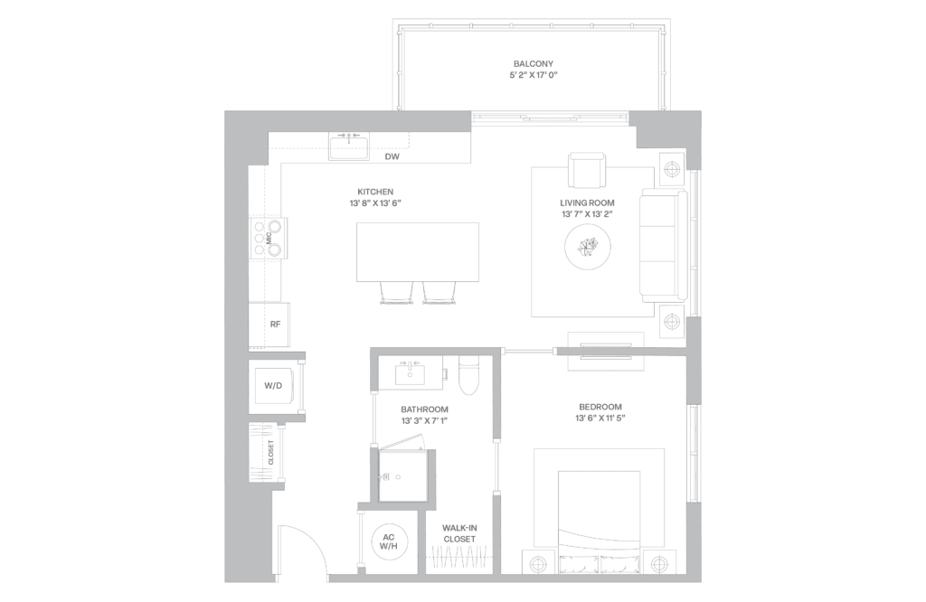 Floor plan map for a one bedroom apartment at our luxury rentals in Coconut Grove, featuring labeled rooms with dimensions.