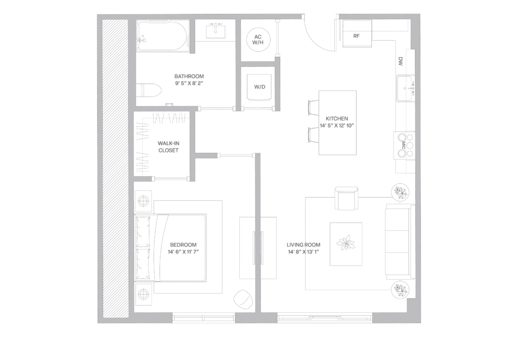 Floor plan map for a one bedroom apartment at our luxury rentals in Coconut Grove, featuring labeled rooms with dimensions.