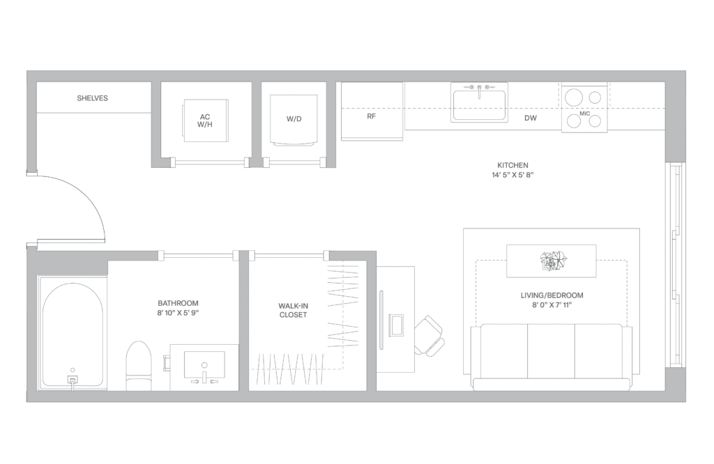 Floor plan map for a studio apartment at our luxury rentals in Coconut Grove, featuring labeled rooms with dimensions.