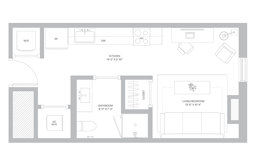 Floor plan map for a studio apartment at our luxury rentals in Coconut Grove, featuring labeled rooms with dimensions.